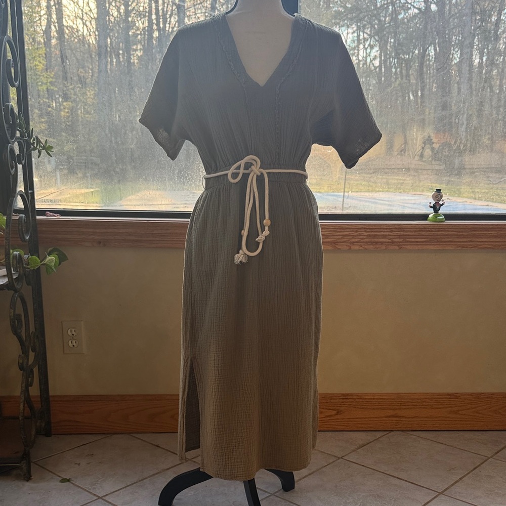 Very J Olive Green Textured Midi Dress with Rope Belt